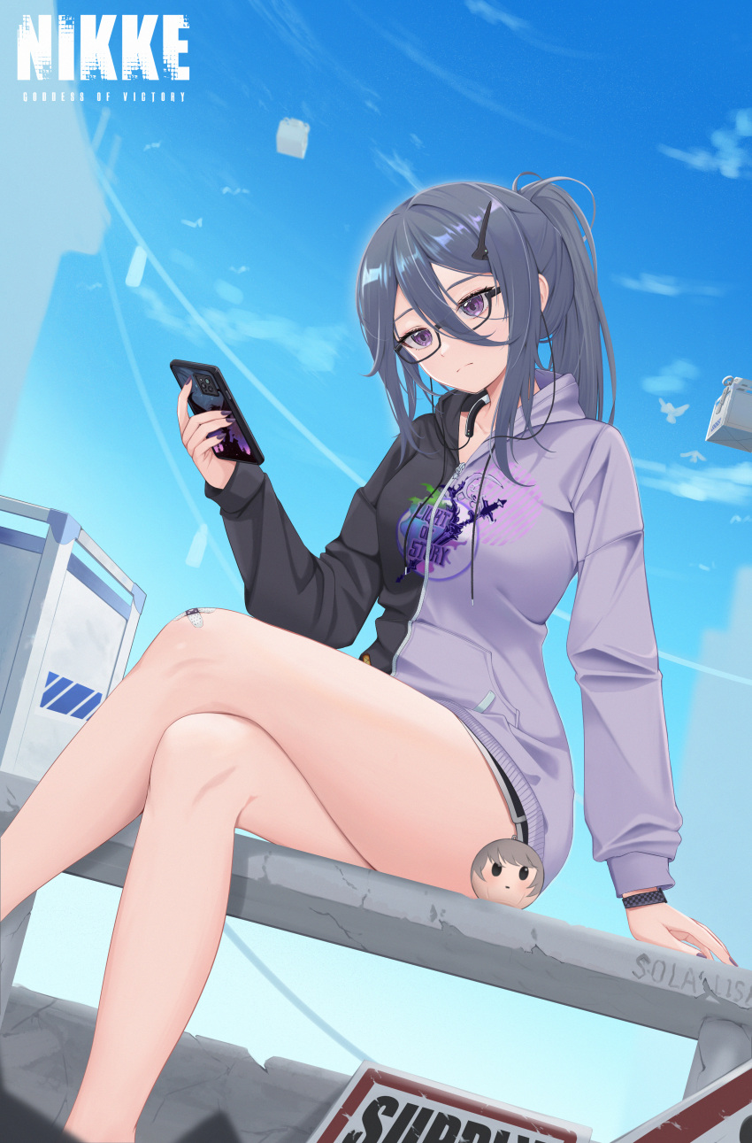 1girl absurdres cellphone closed_mouth day exia_(joy_to_the_nerds)_(nikke) exia_(nikke) goddess_of_victory:_nikke grey_hair hair_between_eyes highres holding holding_phone hood hoodie long_hair long_sleeves official_alternate_costume outdoors phone ponytail purple_eyes sidelocks sitting smartphone solalise solo
