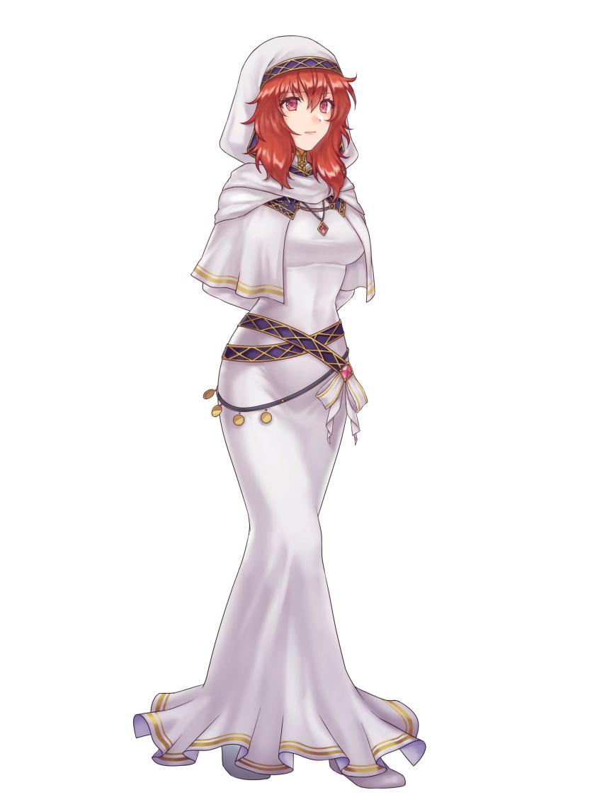 1girl absurdres arms_behind_back belly_chain breasts commission covered_navel dress fire_emblem fire_emblem:_mystery_of_the_emblem fire_emblem:_shadow_dragon_and_the_blade_of_light habit hazuki_(nyorosuke) highres jewelry lena_(fire_emblem) long_dress looking_away medium_breasts necklace nun red_eyes red_hair restrained robe simple_background skeb_commission solo veil white_background white_dress