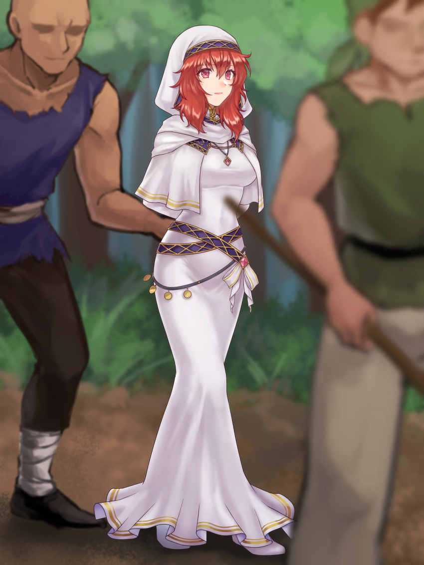 1girl 2boys absurdres arms_behind_back belly_chain blurry breasts commission covered_navel depth_of_field dress fire_emblem fire_emblem:_mystery_of_the_emblem fire_emblem:_shadow_dragon_and_the_blade_of_light forest habit hazuki_(nyorosuke) highres jewelry lena_(fire_emblem) long_dress looking_away medium_breasts multiple_boys nature necklace nun outdoors red_eyes red_hair restrained robe skeb_commission solo_focus veil white_dress