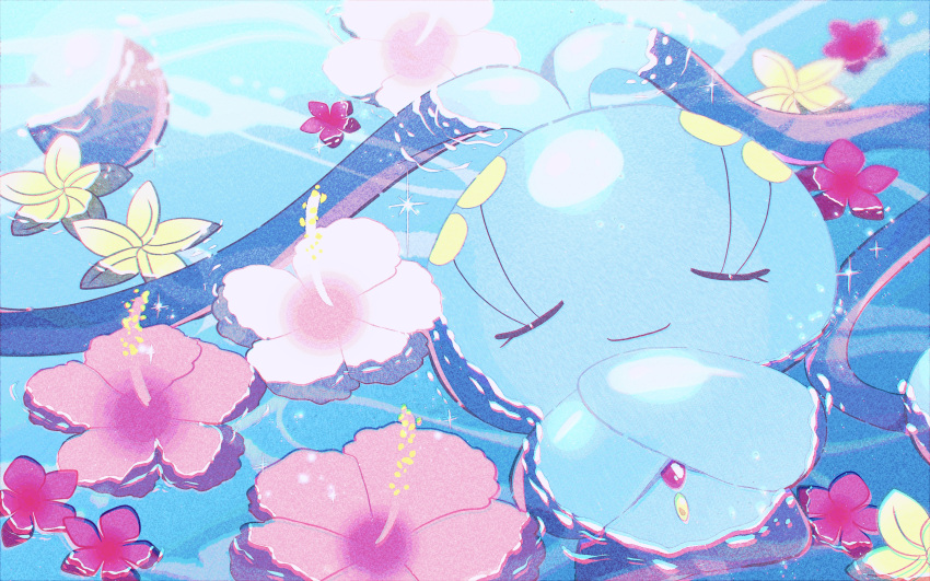 absurdres antennae closed_eyes closed_mouth commentary_request crossed_arms flower fukkatsu_no_maya full_body hibiscus highres lying manaphy no_humans on_back partially_submerged pink_flower pokemon pokemon_(creature) ripples smile sparkle water