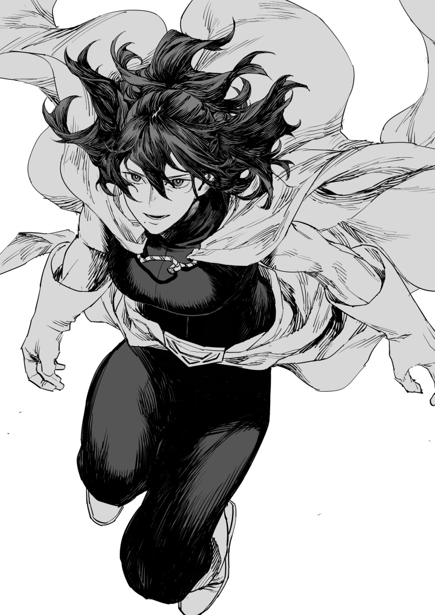 1girl bodysuit boku_no_hero_academia boots breasts character_request check_copyright cloak copyright_request floating floating_hair gloves greyscale hair_between_eyes half_updo highres jumping looking_ahead medium_hair monochrome pants smile solo takuan_(takuanlunch) toned