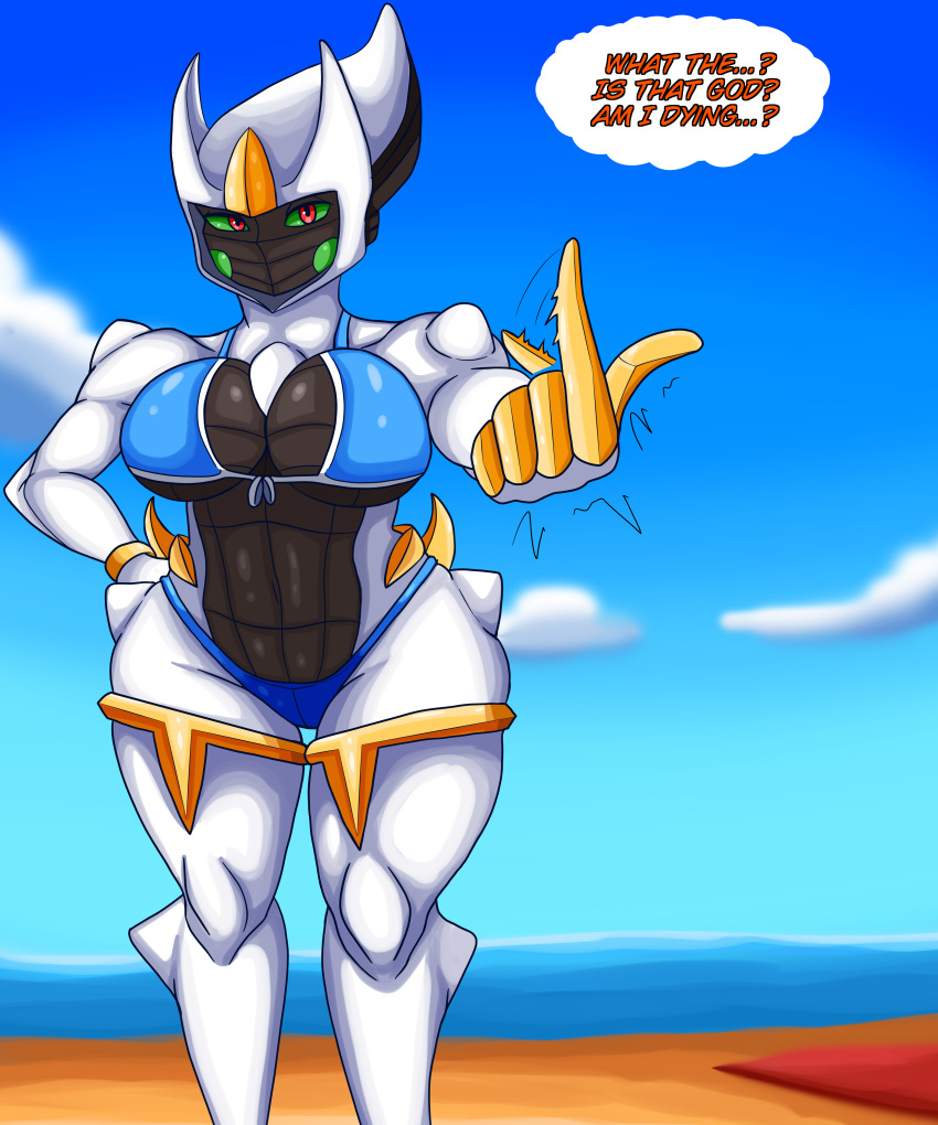 absurd_res anthro arceus arisenleaf beach breasts clothing curvy_figure dialogue female generation_4_pokemon gesture gesturing_at_viewer green_eyes hi_res legendary_pokemon nintendo offscreen_character offscreen_male pokemon pokemon_(species) solo swimwear thick_thighs thought_bubble wide_hips