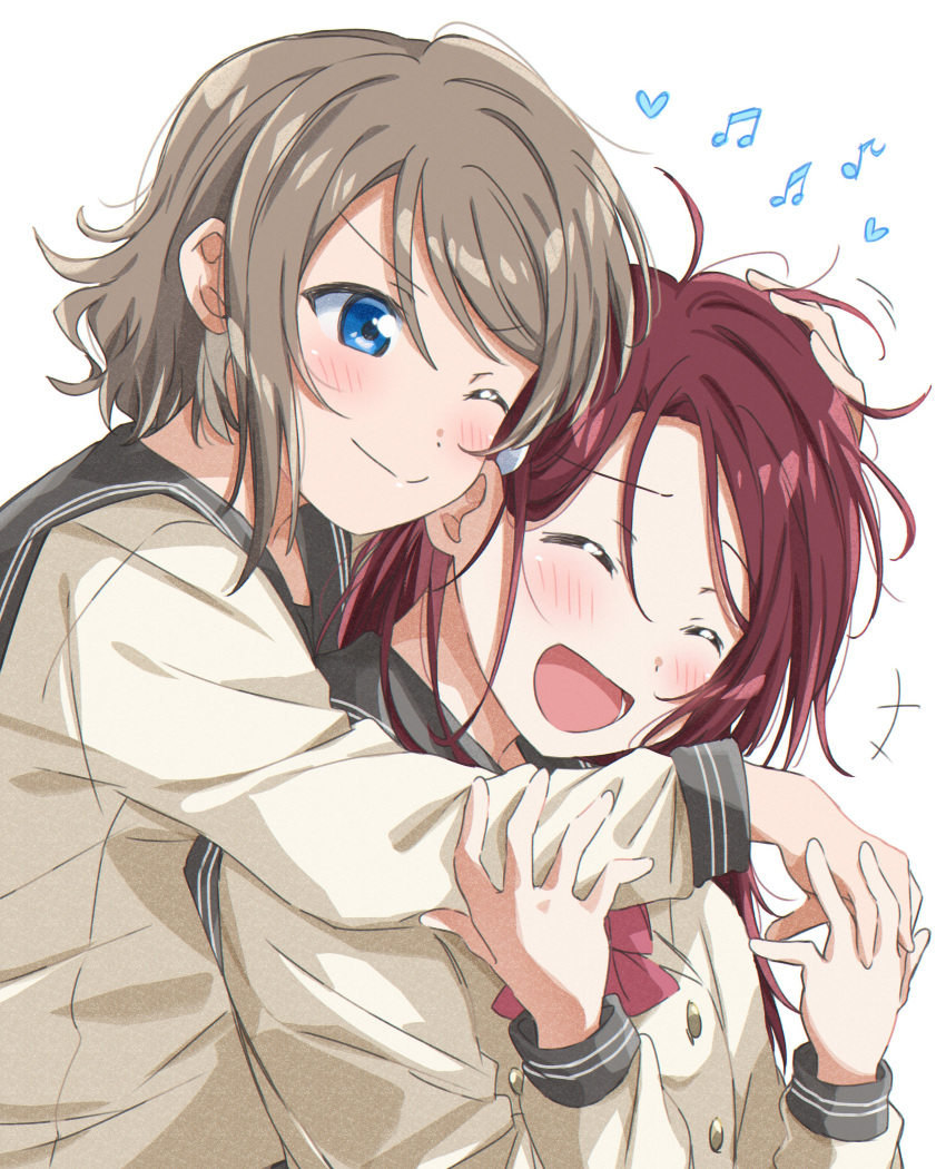 2girls absurdres blue_eyes blush bow bowtie closed_eyes closed_mouth commentary_request furrowed_brow grey_hair grey_sailor_collar hand_on_another's_head heart highres hug hug_from_behind long_hair long_sleeves love_live! love_live!_sunshine!! multiple_girls musical_note one_eye_closed open_mouth red_bow red_bowtie red_hair sailor_collar sakurauchi_riko school_uniform shirt short_hair sidelocks sleeve_cuffs upper_body uranohoshi_school_uniform v-shaped_eyebrows watanabe_you white_background white_shirt winter_uniform yuchi_(salmon-1000) yuri