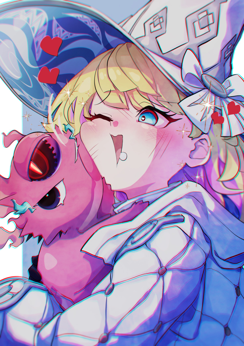 1girl absurdres blonde_hair blue_eyes blush breasts c_civciv diabellze_of_the_original_sin dress duel_monster hair_between_eyes hat highres hug long_hair multicolored_hair pet purple_hair smile snake-eyes_poplar streaked_hair upper_body white_dress witch_hat yu-gi-oh!