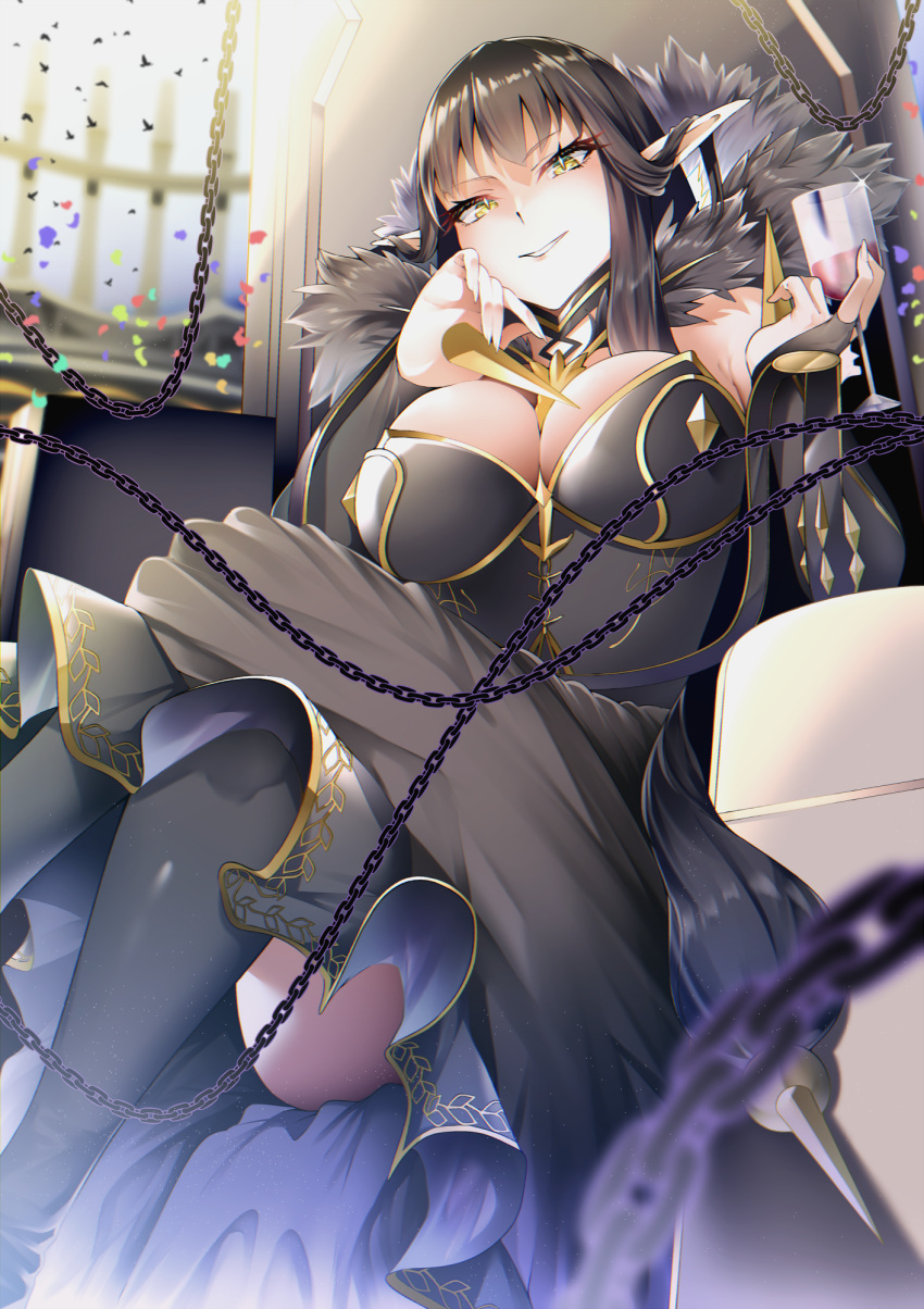 1girl alcohol bare_shoulders black_dress black_thighhighs blush breasts bridal_gauntlets brown_hair chain cleavage cup detached_sleeves dress drinking_glass fate/apocrypha fate_(series) fur_trim gold_trim grin highres large_breasts len_(hand_linke) long_hair looking_at_viewer pointy_ears semiramis_(fate) sidelocks sitting smile solo spikes thighhighs very_long_hair wine wine_glass yellow_eyes