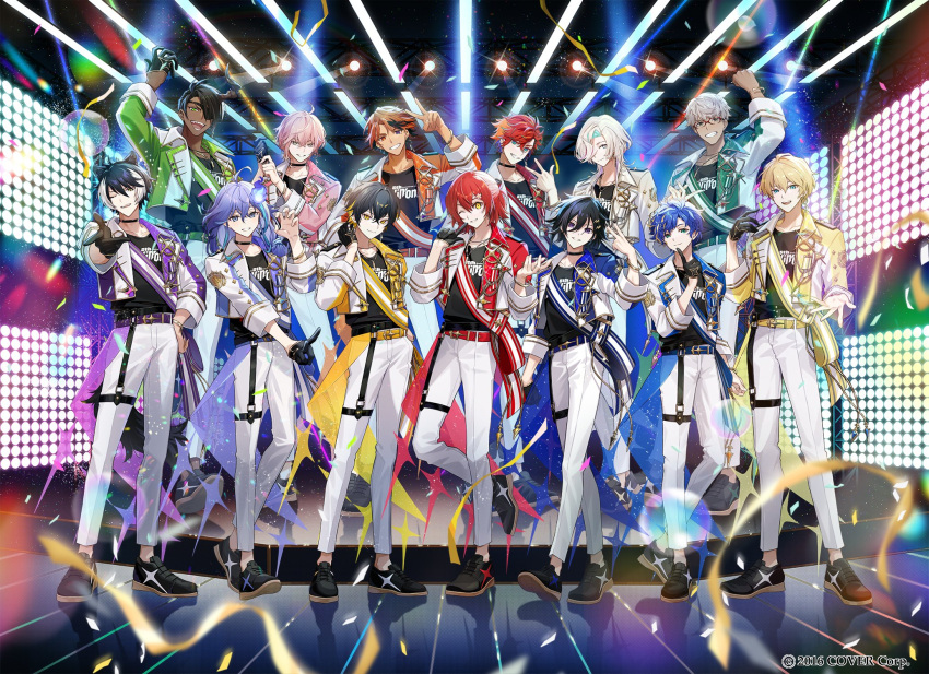 6+boys :d ;d adjusting_clothes adjusting_gloves alternate_costume animal_ears antenna_hair aqua_eyes aqua_hair aragami_oga arm_up arurandeisu astel_leda beckoning belt belt_buckle black_choker black_footwear black_gloves black_hair black_shirt blonde_hair blue_belt blue_eyes blue_hair blue_jacket blurry bracelet buckle chain choker claw_pose clenched_hand closed_mouth collarbone colored_inner_hair confetti copyright_notice cropped_jacket crossed_bangs curtained_hair dark-skinned_male dark_skin demon_horns depth_of_field earrings everyone eyepatch finger_to_mouth flower full_body glasses gloves gold_trim green_belt green_eyes green_jacket grey_eyes grey_hair grin hair_between_eyes hair_flower hair_ornament hair_over_one_eye hairclip half_gloves half_updo hanasaki_miyabi hand_on_own_hip hand_up heterochromia highres hinatsu hitodama hizaki_gamma holostars horns idol index_finger_raised jackal_boy jackal_ears jackal_tail jacket jewelry kageyama_shien kanade_izuru kishido_temma lapel_pin lapels light_particles lightning_bolt_hair_ornament lightning_bolt_symbol long_hair long_sleeves looking_at_viewer low-tied_long_hair male_focus medium_hair minase_rio mole mole_under_eye multicolored_clothes multicolored_hair multicolored_jacket multiple_boys necklace notched_lapels official_art one_eye_closed open_clothes open_jacket open_mouth orange_belt orange_eyes orange_hair orange_jacket oxfords pants parted_lips pink_hair pink_jacket print_shirt purple_belt purple_eyes purple_hair purple_jacket red-framed_eyewear red_belt red_hair red_jacket reflective_floor rikka_(holostars) sash sharp_teeth shirt shirt_tucked_in short_hair shoulder_sash single_earring single_glove single_horn sleeve_cuffs smile sparkle_print stage stage_lights standing streaked_hair streamers t-shirt tail tan teeth thigh_strap truss two-tone_hair two-tone_jacket uniform utsugi_uyu v v-shaped_eyebrows virtual_youtuber w waist_cape white_hair white_jacket white_pants yatogami_fuma yellow_belt yellow_eyes yellow_jacket yukoku_roberu