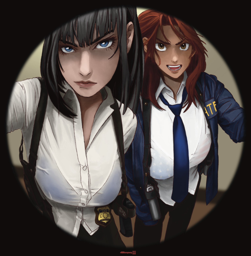 2girls atf black_hair blue_eyes blue_jacket blue_necktie brown_eyes collared_shirt gun handgun highres holster jacket multiple_girls necktie nnnmengmeng original police_badge red_hair see-through see-through_shirt shirt weapon white_shirt