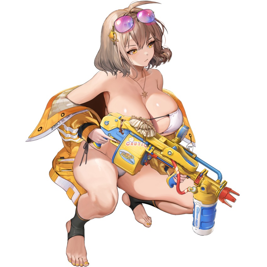 1girl absurdres anis_(nikke) anis_(sparkling_summer)_(nikke) bikini black_footwear breasts cleavage collarbone eyepatch_bikini goddess_of_victory:_nikke gun highres holding holding_gun holding_weapon jacket jewelry non-web_source pendant price_tag squatting star_(symbol) sunglasses swimsuit weapon yellow_eyes yellow_nails