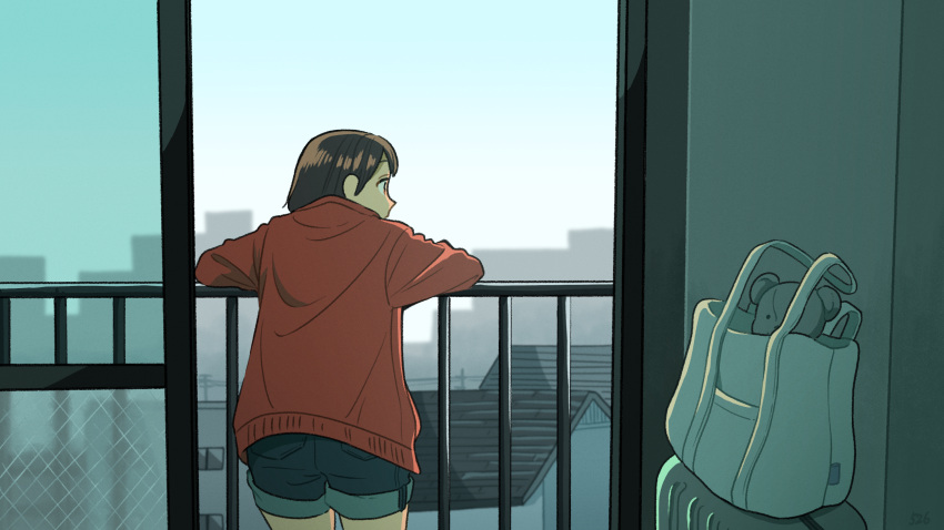 1girl arm_rest bag balcony blue_shorts brown_hair city cityscape commentary_request denim denim_shorts from_behind highres indoors jacket kojiro337 looking_afar original railing red_jacket scenery short_hair shorts solo standing stuffed_animal stuffed_toy suitcase teddy_bear window