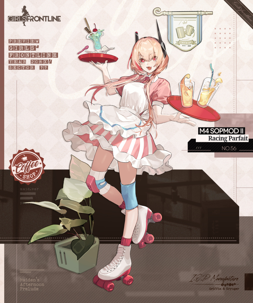 1girl :d animal_print apron banner black_background blonde_hair brown_background cat_print character_name commentary copyright_name cup dress drinking_glass drinking_straw english_commentary english_text food full_body girls'_frontline hair_between_eyes headgear highres holding holding_tray ice ice_cream ice_cream_float ice_cube knee_pads looking_at_viewer m4_sopmod_ii_(girls'_frontline) m4_sopmod_ii_(racing_parfait)_(girls'_frontline) multicolored_background multicolored_hair necktie official_alternate_costume official_art open_mouth pink_dress pink_necktie plant potted_plant print_apron promotional_art puffy_short_sleeves puffy_sleeves red_eyes red_hair red_socks roller_skates second-party_source short_sleeves simple_background skates smile socks solo spoon streaked_hair sundae tray umo_(mica_team) wafer_stick waitress white_apron white_background white_footwear