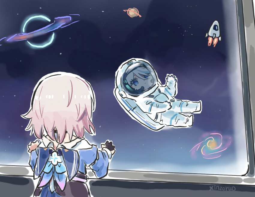 2girls astronaut blue_eyes blue_jacket chibi commentary furina_(genshin_impact) genshin_impact helmet honkai:_star_rail honkai_(series) jacket march_7th_(honkai:_star_rail) mihoyo multiple_girls pink_hair rocket short_hair space space_helmet symbol-only_commentary upper_body xinzoruo