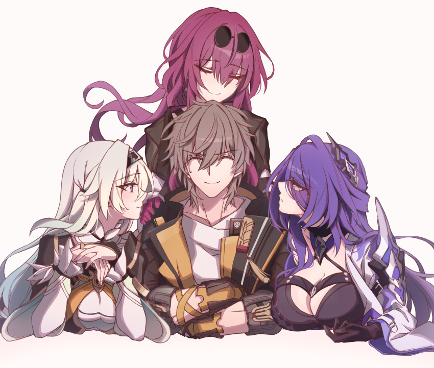 1boy 3girls absurdres acheron_(honkai:_star_rail) black_hairband black_jacket breasts caelus_(honkai:_star_rail) eyes_visible_through_hair eyewear_on_head firefly_(honkai:_star_rail) grey_hair hair_over_one_eye hairband harem hetero highres honkai:_star_rail honkai_(series) jacket kafka_(honkai:_star_rail) long_hair multicolored_hair multiple_girls neckerchief orange_neckerchief purple_eyes purple_hair ru_251 smile streaked_hair trailblazer_(honkai:_star_rail) very_long_hair