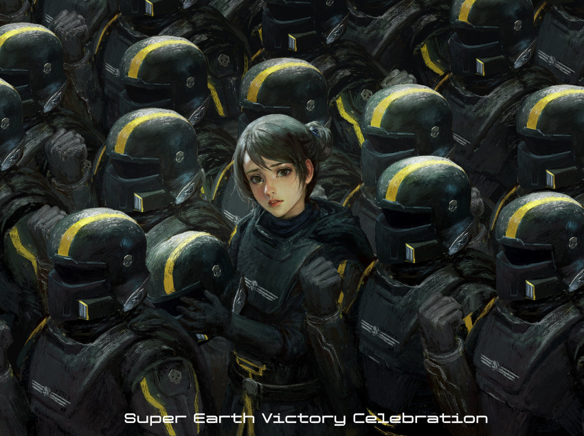 1girl 6+others armor black_cape black_gloves black_hair breastplate brown_eyes cape clenched_hand english_commentary english_text gloves hair_bun helldiver_(helldivers) helldivers_(series) helmet highres holding holding_helmet looking_at_viewer multiple_others odd_one_out salute short_hair single_hair_bun solo_focus unworn_headwear unworn_helmet xianggang_jizhe