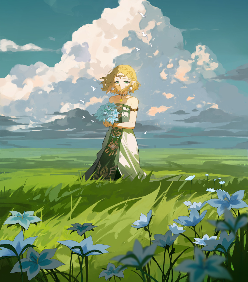 1girl absurdres armlet bare_shoulders blonde_hair blue_flower blue_sky bouquet braid chinese_commentary circlet cloud cloudy_sky collar collarbone commentary_request crown_braid day dress field flower grass green_eyes highres holding holding_bouquet horizon landscape looking_at_viewer molianmengdada outdoors pendant_collar pointy_ears princess_zelda scenery short_hair simple_bird single_braid sky smile solo standing strapless strapless_dress the_legend_of_zelda the_legend_of_zelda:_tears_of_the_kingdom white_dress wide_shot