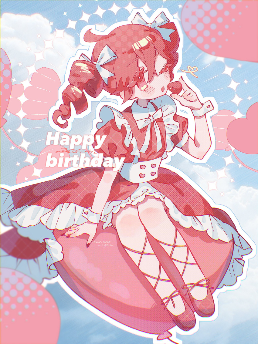 1girl absurdres ahoge alternate_costume balloon blue_sky blush cloud cloudy_sky collared_dress colored_eyelashes corset dress drill_hair food frilled_dress frills fruit hair_ribbon halftone_texture hand_up heart_balloon highres holding holding_food holding_fruit kasane_teto leg_ribbon long_dress looking_at_viewer medium_hair meguru_(chitose_meguru) midair neck_ribbon one_eye_closed outline puffy_short_sleeves puffy_sleeves red_dress red_footwear red_hair red_nails red_ribbon ribbon shoes short_sleeves sitting sitting_on_object sky solo strawberry twin_drills twitter_username utau white_corset white_outline white_ribbon