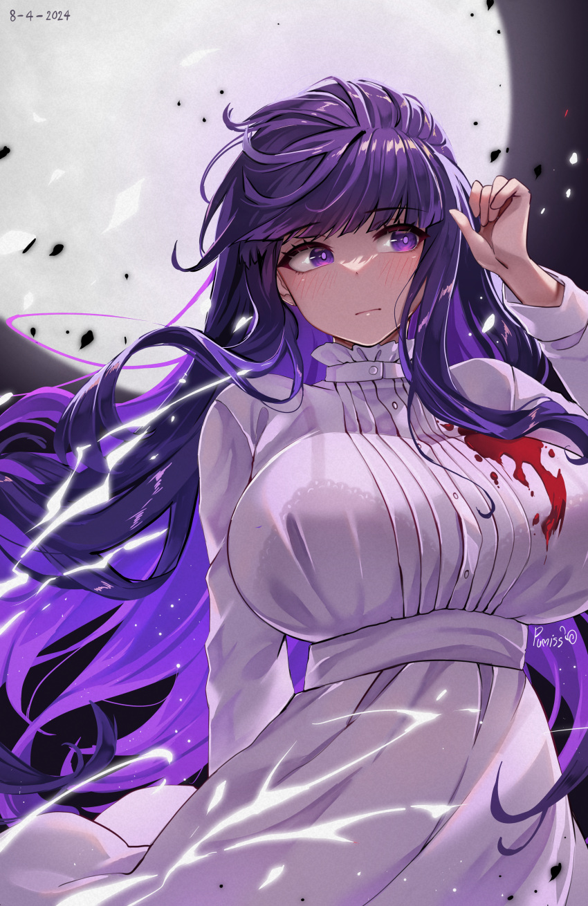 1girl absurdres alternate_breast_size arm_behind_back arm_up black_robe bleeding blood blood_on_clothes blunt_bangs blush bra_visible_through_clothes breasts dress fern_(sousou_no_frieren) floating_hair full_moon highres huge_breasts injury long_hair long_sleeves looking_at_viewer moon pumiss purple_eyes purple_hair purple_pupils robe sidelocks solo sousou_no_frieren straight_hair very_long_hair