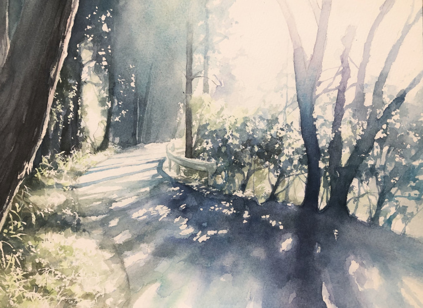 grass highres no_humans original painting_(medium) road scenery shadow sunlight tr_watercolor traditional_media tree tree_shade watercolor_(medium)