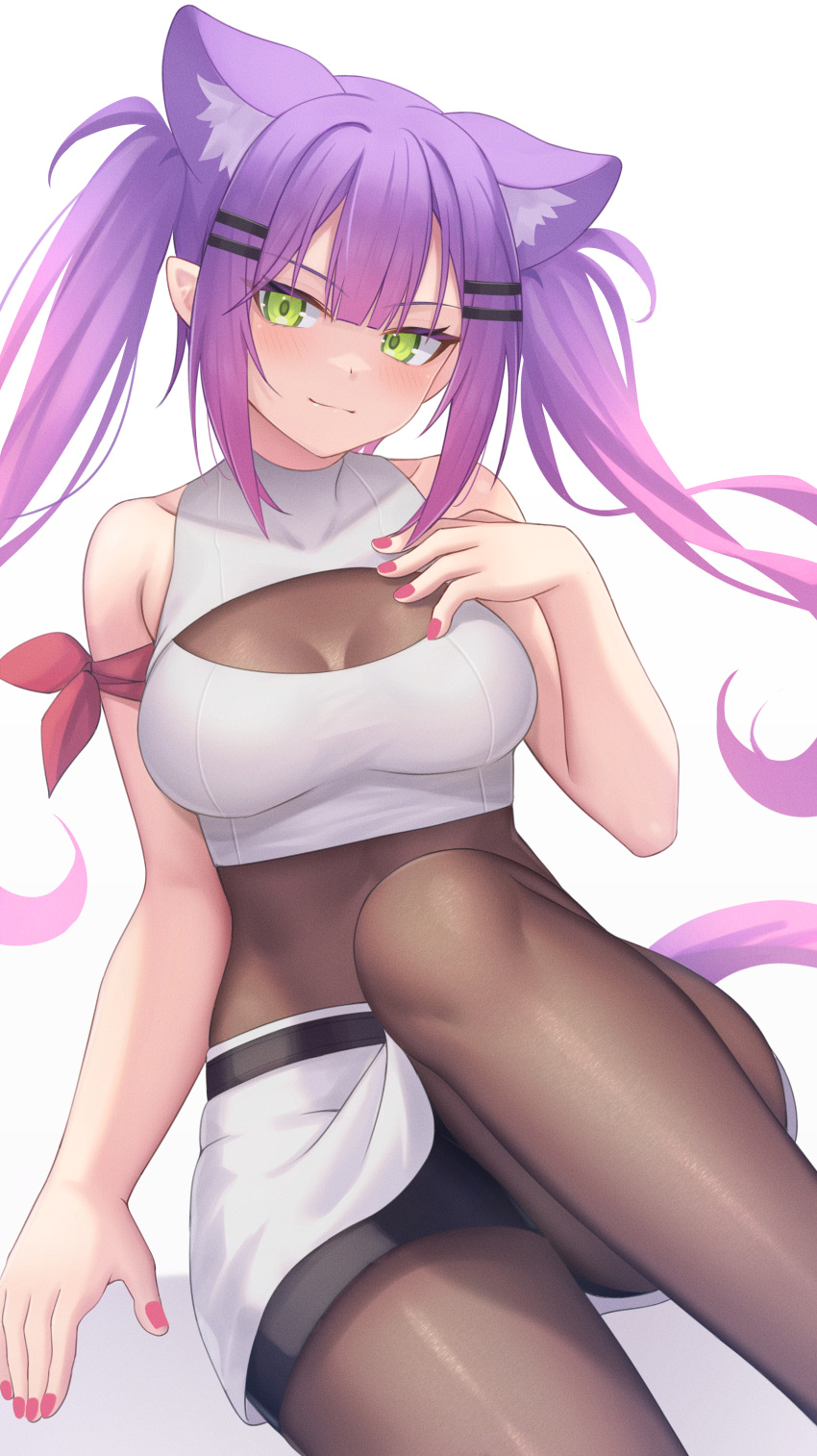1girl absurdres animal_ear_fluff animal_ears aoi_zerii bare_shoulders breasts cat_ears cat_girl cat_tail cleavage closed_mouth collarbone gradient_hair green_eyes hair_between_eyes highres hololive long_hair looking_at_viewer medium_breasts multicolored_hair pantyhose pink_hair purple_hair see-through see-through_cleavage solo tail thighs tokoyami_towa virtual_youtuber