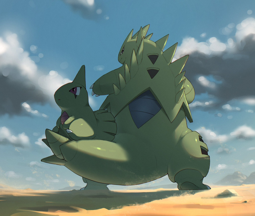 black_eyes blurry blurry_background carapace cloud colored_skin dorobo_93 evolutionary_line facial_mark from_behind green_skin highres larvitar looking_at_viewer looking_back nature outdoors pokemon pokemon_(creature) red_eyes sitting_on_tail tyranitar