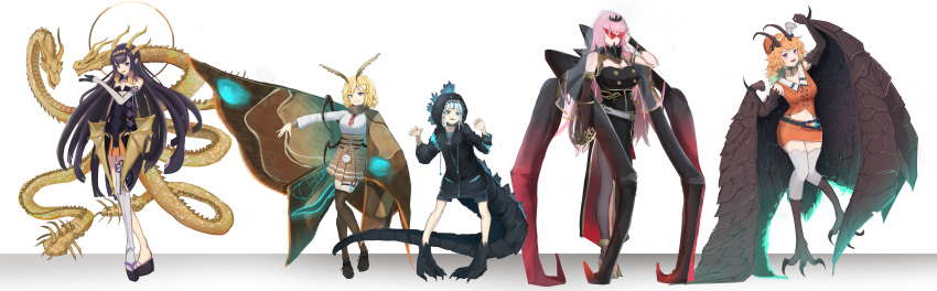 5girls :3 :d absurdres antennae arm_up armpit_crease arthropod_girl arthropod_limbs baozha_agong belt beret black_bustier black_dress black_footwear black_gloves black_hair black_hoodie black_pantyhose black_scales black_skirt black_thighhighs black_tiara blonde_hair blue_eyes blue_mouth blue_nails blue_shirt blue_shorts blue_tongue blush bra_strap breasts brown_scarf camisole chain chef_hat choker clawed_feet clothing_cutout colored_tongue commentary cosplay crossover detached_sleeves dragon dragon_girl dragon_horns dragon_tail dragon_wings dress elbow_gloves flat_chest floating full_body gauntlets gawr_gura gloves glowing godzilla godzilla_(cosplay) godzilla_(series) gold_chain gold_trim gradient_hair halo hand_on_own_head hands_up hat high_heels highres hololive hololive_english holomyth hood hood_up hoodie horns incredibly_absurdres insect_wings kamina_shades king_ghidorah king_ghidorah_(cosplay) king_ghidorah_(monsterverse) large_breasts light_blush lizard_tail long_hair long_sleeves looking_at_viewer looking_down looking_to_the_side m.u.t.o. m.u.t.o._(cosplay) medium_breasts medium_hair miniskirt monocle monster_girl mori_calliope mori_calliope_(1st_costume) moth_girl moth_wings mothra mothra_(cosplay) mothra_(monsterverse) multicolored_clothes multicolored_dress multicolored_hair multiple_girls multiple_heads multiple_tails navel necktie ninomae_ina'nis ninomae_ina'nis_(1st_costume) no_shoes okobo open_mouth orange_hair orange_shirt orange_skirt pale_skin pantyhose pink_hair plaid plaid_skirt pleated_skirt pocket_watch pointy_ears purple_eyes red-tinted_eyewear red_necktie sandals scarf see-through see-through_sleeves see-through_veil sharp_teeth shirt shorts side_slit silk simple_background single_thighhigh skirt sleeveless sleeveless_dress small_breasts smile solo spiked_choker spiked_tail spikes standing stomach_cutout syringe tail takanashi_kiara takanashi_kiara_(1st_costume) teeth thigh_belt thigh_strap thighhighs tiara tinted_eyewear tongue two-tone_gloves two-tone_hair upper_teeth_only veil very_long_hair virtual_youtuber watch watson_amelia watson_amelia_(1st_costume) white_background white_belt white_gloves white_hair white_shirt white_thighhighs winged_arms wings yellow_halo yellow_scales