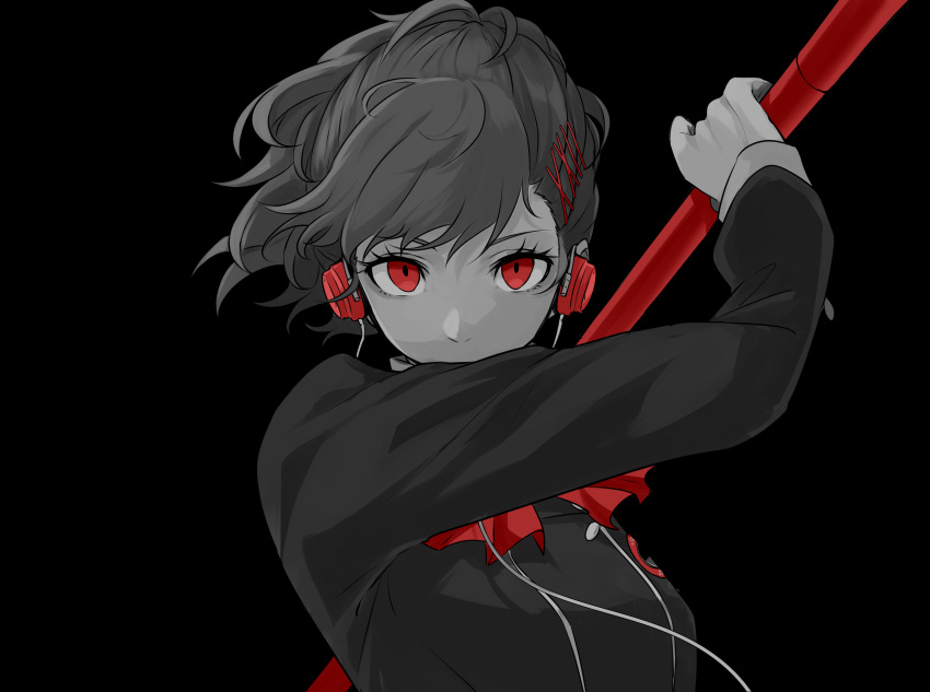 1girl absurdres andkyuryuu black_background bow bowtie covered_mouth gekkoukan_high_school_uniform hair_ornament hairclip headphones highres holding holding_polearm holding_weapon long_sleeves looking_at_viewer persona persona_3 persona_3_portable polearm ponytail red_bow red_eyes red_headphones school_uniform shiomi_kotone short_hair simple_background solo spot_color upper_body weapon