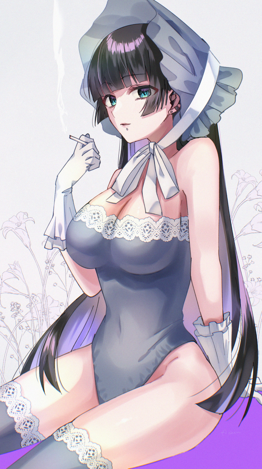 1girl absurdres black_hair bocchi_the_rock! bonnet breasts cigarette cleavage commentary_request ear_piercing flower_request gloves green_eyes highres hime_cut hiyoko_biimu holding holding_cigarette lace lace-trimmed_thighhighs leotard lip_piercing looking_at_viewer pa-san piercing solo strapless strapless_leotard thighhighs white_gloves