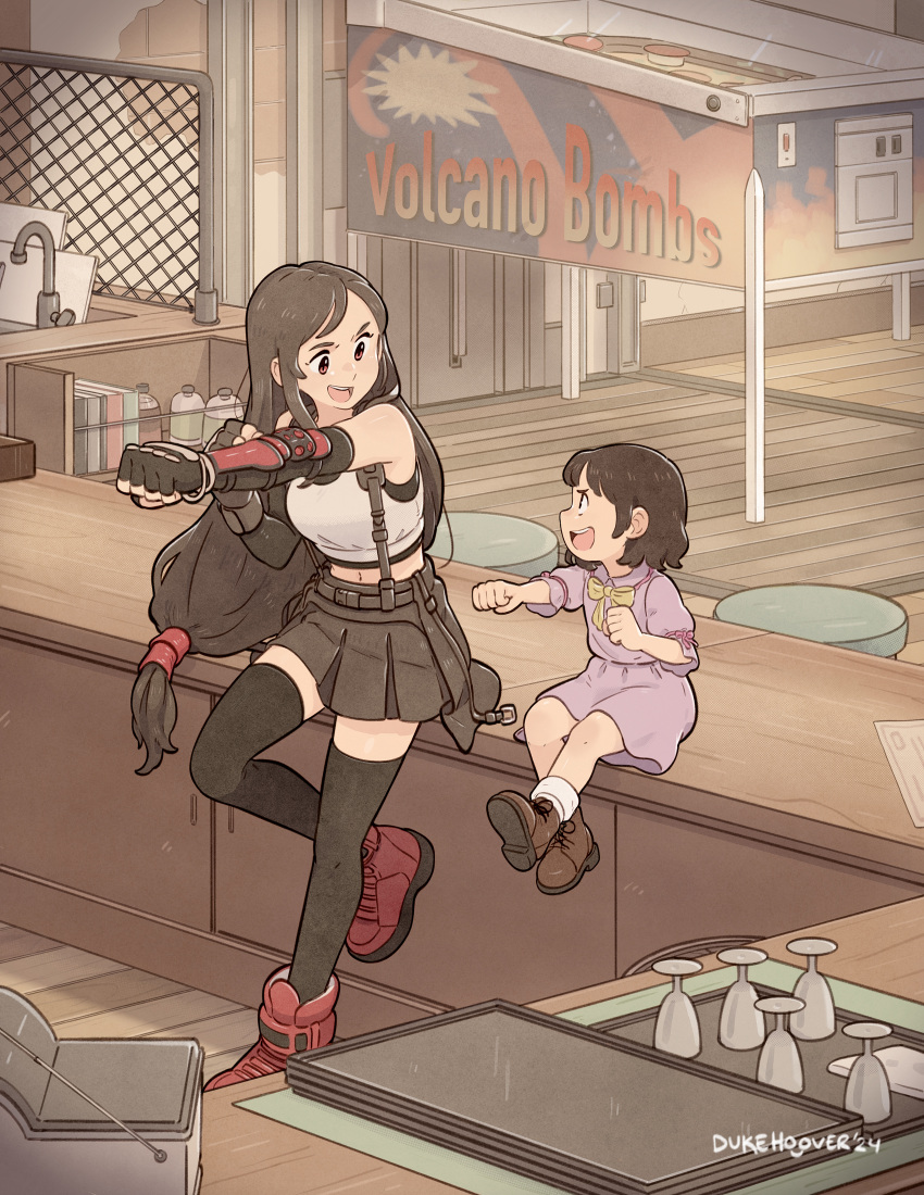 absurdres bar_(place) black_thighhighs brown_eyes brown_footwear crop_top dress dukehooverart final_fantasy final_fantasy_vii final_fantasy_vii_remake highres long_hair low-tied_long_hair marlene_wallace open_mouth pink_dress red_footwear shadow_boxing single_arm_guard skirt suspender_skirt suspenders tank_top teeth thighhighs tifa_lockhart upper_teeth_only white_tank_top