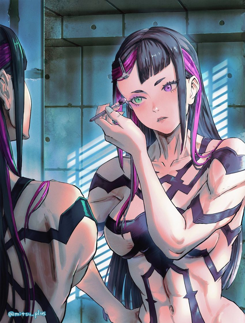 1girl applying_makeup breasts collar eyeshadow green_eyes greyscale han_juri hand_on_own_hip heterochromia highres indoors long_hair makeup medium_breasts mirror mitsu_plus monochrome multicolored_hair navel purple_eyes purple_eyeshadow purple_hair reflection revealing_clothes streaked_hair street_fighter street_fighter_6 twitter_username