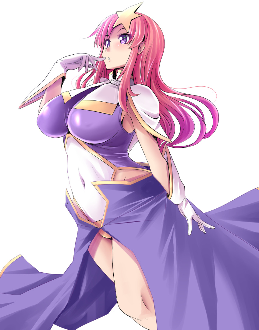 1girl blue_eyes breasts capelet feet_out_of_frame gloves gundam gundam_seed gundam_seed_destiny hair_ornament highleg highleg_leotard highres impossible_clothes impossible_leotard large_breasts leotard long_hair meer_campbell multicolored_leotard pink_hair purple_leotard purple_skirt simple_background skirt solo star_(symbol) star_hair_ornament tonpuu white_background white_capelet white_gloves white_leotard