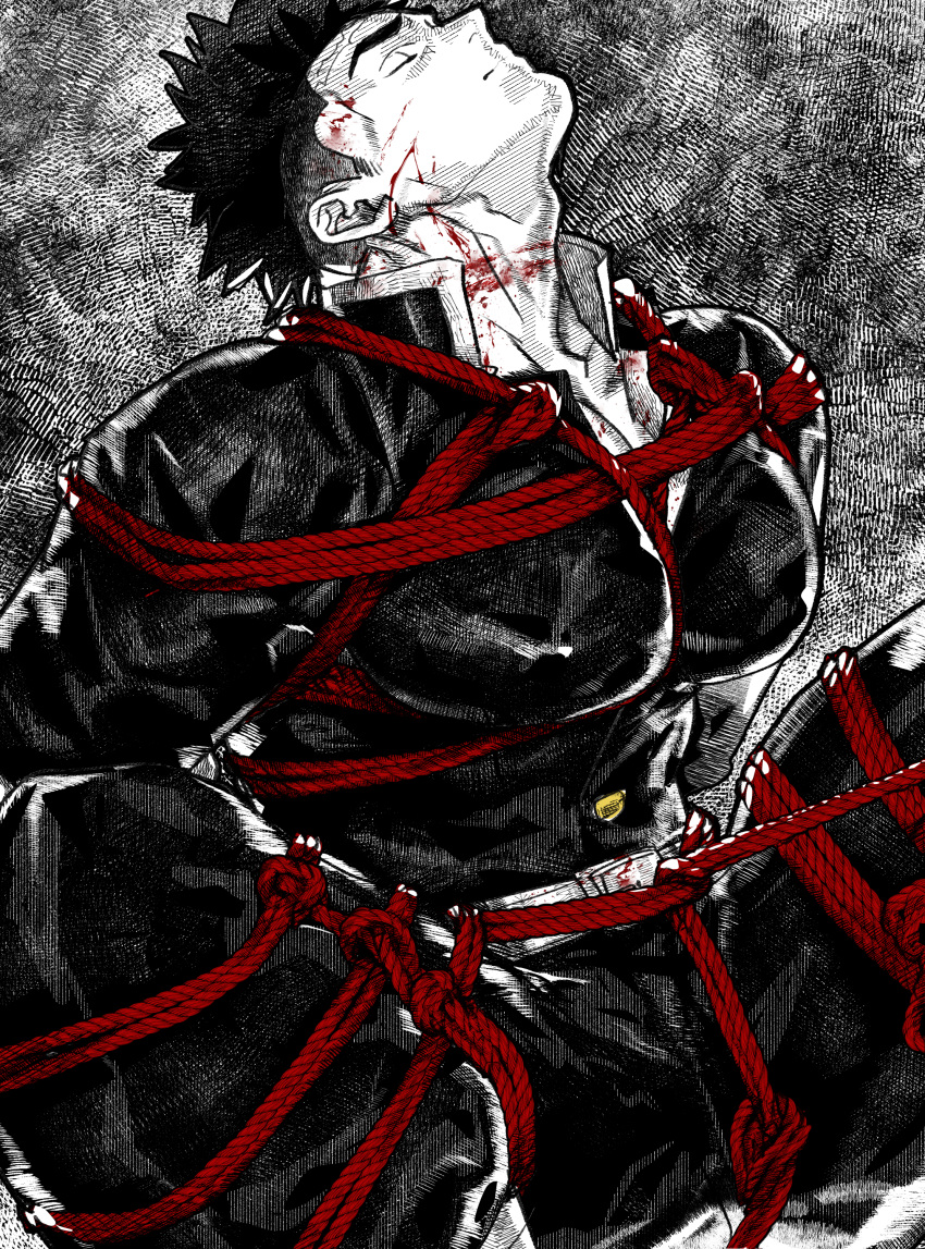 1boy absurdres bara belt blood blood_on_face bound closed_eyes closed_mouth highres himejima_gyoumei ico_aico jacket kimetsu_no_yaiba large_pectorals male_focus muscular muscular_male pants pectorals restrained rope shibari short_hair solo