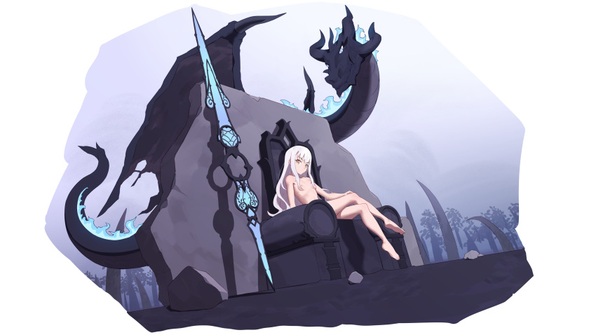 1girl absurdres breasts crossed_legs dragon fate/grand_order fate_(series) forked_eyebrows highres jilu long_hair looking_at_viewer melusine_(fate) nipples nude polearm sidelocks sitting small_breasts spear throne weapon white_hair yellow_eyes