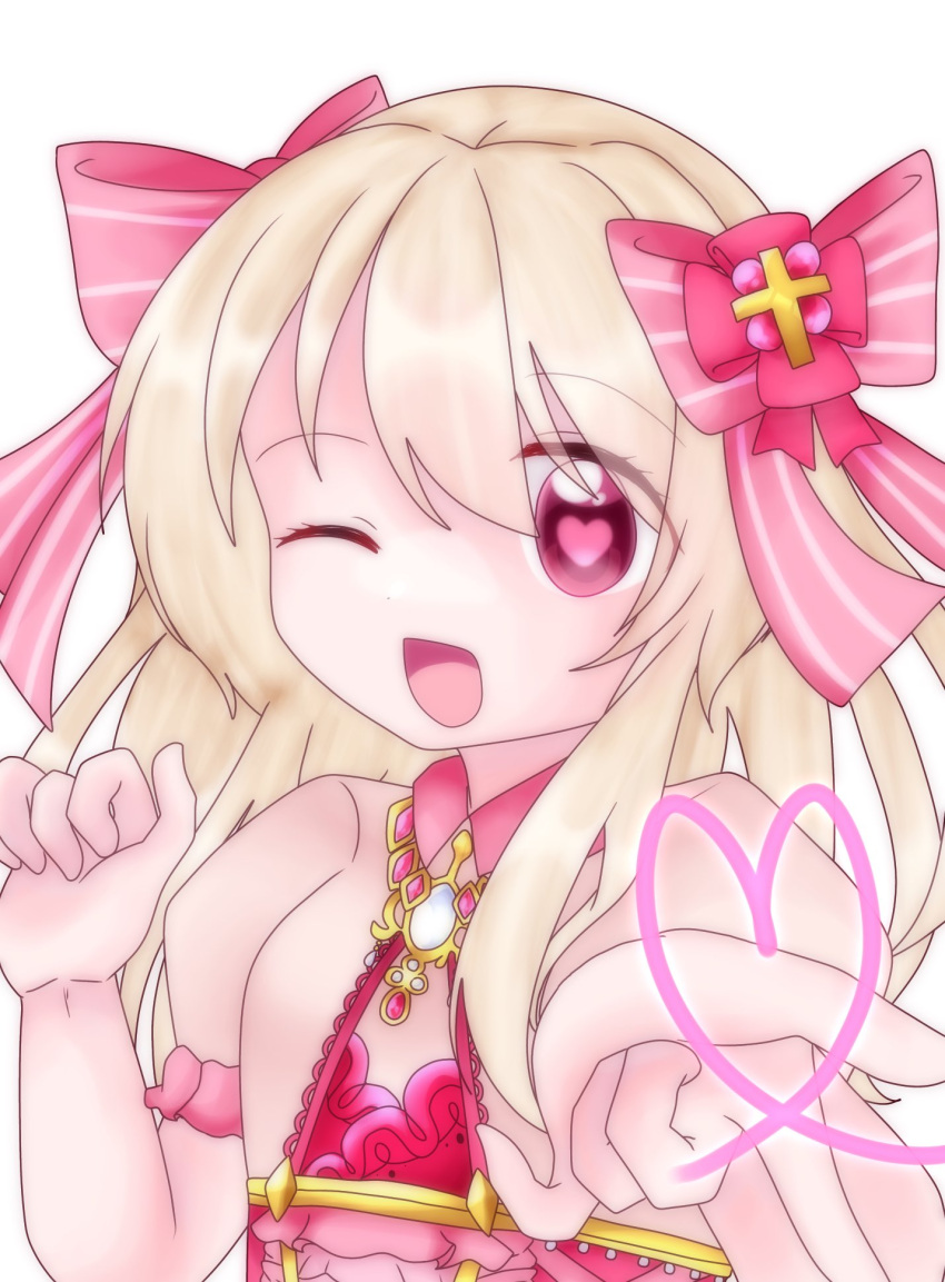 1girl ;d artist_request blonde_hair chaos_marie_(grimms_notes) cleavage_cutout clothing_cutout grimms_notes hair_ribbon heart heart-shaped_pupils highres jewelry long_hair necklace one_eye_closed open_mouth pendant puffy_short_sleeves puffy_sleeves ribbon short_sleeves simple_background smile solo symbol-shaped_pupils white_background