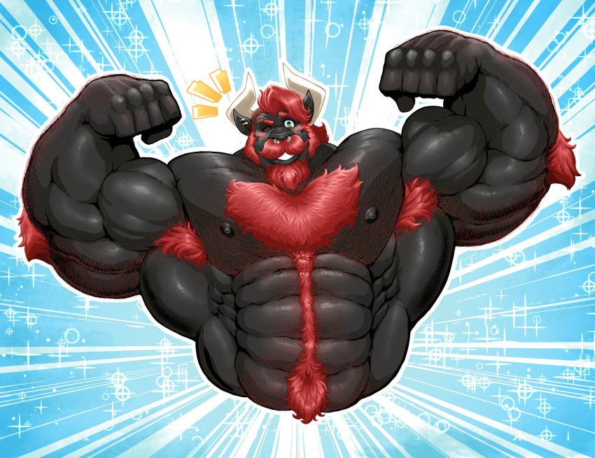 2020 5_fingers anthro arm_hair arm_tuft armpit_hair beard big_muscles black_body black_fur black_nipples blush body_hair boku_(character) bovid bovine cattle chest_hair ear_piercing ear_ring elbow_tufts facial_hair facial_piercing fingers flexing fur green_eyes hair happy_trail hi_res horn huge_muscles humanoid_hands looking_at_viewer male mammal muscular muscular_anthro muscular_male mustache nipples nose_piercing one_eye_closed piercing red_hair rujirublkdragon smile solo tuft white_horn wink