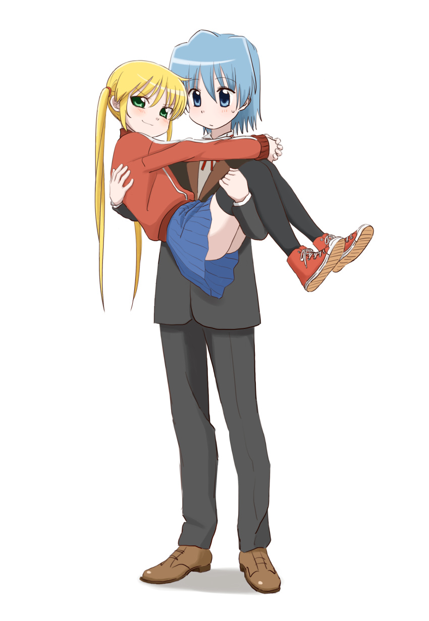 1boy 1girl a_(toitoitoioekk) absurdres ayasaki_hayate black_thighhighs blonde_hair blue_eyes blue_hair blue_skirt blush carrying full_body green_eyes hayate_no_gotoku! highres jacket looking_at_another princess_carry red_jacket sanzen'in_nagi shoes simple_background skirt smile sneakers suit thighhighs twintails white_background