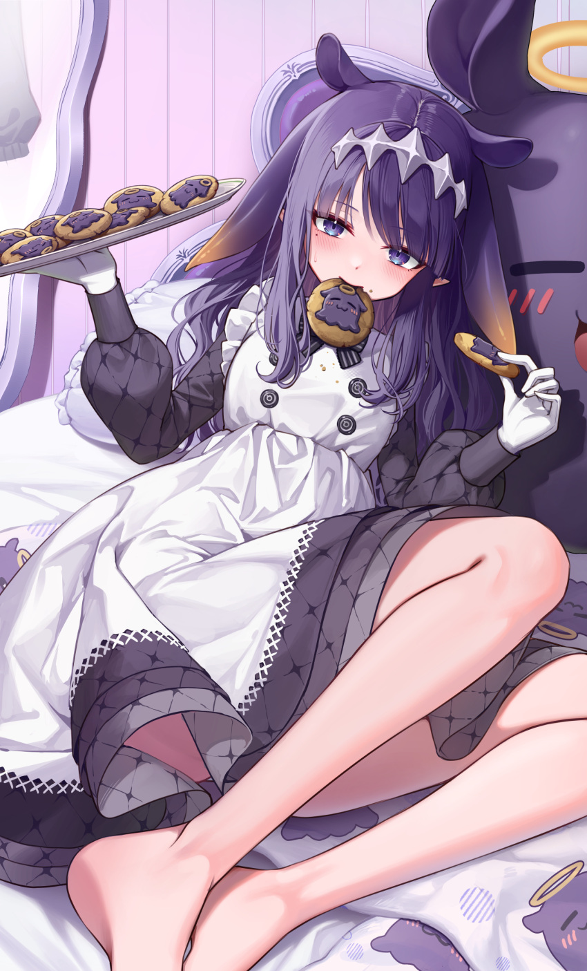 1girl absurdres apron barefoot black_dress blush cookie curry_bowl dress food gloves highres hololive hololive_english long_hair looking_at_viewer mole mole_under_eye mouth_hold ninomae_ina'nis ninomae_ina'nis_(6th_costume) official_alternate_costume pointy_ears purple_eyes purple_hair tentacle_hair virtual_youtuber white_apron white_gloves