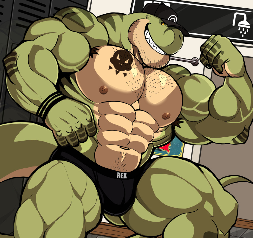 abs absurd_res anthro biceps biped body_hair bulge chest_hair clothing countershade_face countershade_tail countershade_torso countershading darknaigart dinosaur facial_hair green_body hat headgear headwear hi_res jace_(darknaig) male muscular muscular_anthro muscular_male pecs quads reptile scalie smile solo tail theropod tyrannosaurid tyrannosauroid tyrannosaurus tyrannosaurus_rex vein veiny_muscles