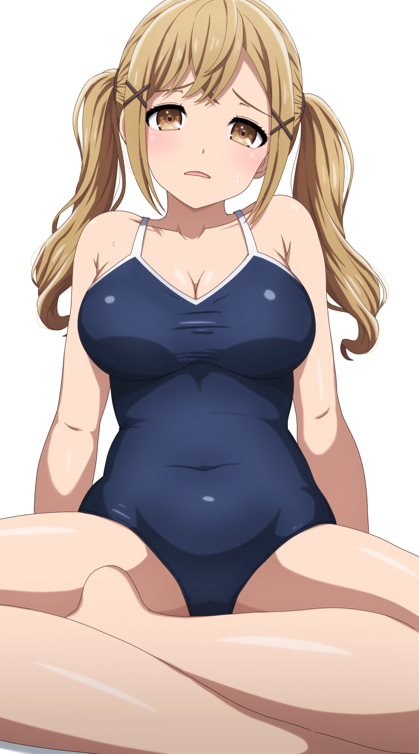 1girl absurdres armpit_crease arms_at_sides bang_dream! bare_shoulders blonde_hair blue_one-piece_swimsuit breasts brown_eyes cleavage collarbone commentary_request covered_navel crossed_bangs foot_out_of_frame hair_ornament highres ichigaya_arisa indian_style large_breasts light_blush long_hair looking_at_viewer noshimurin one-piece_swimsuit parted_lips raised_eyebrows school_swimsuit simple_background sitting solo sweat swimsuit twintails white_background x_hair_ornament