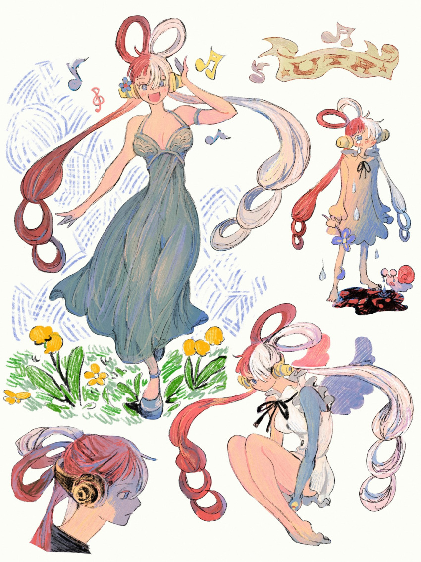 1girl armlet black_ribbon blue_dress blue_eyes blue_gloves character_name child commentary crying crying_with_eyes_open curled_up dress elbow_gloves flower full_body gloves hair_over_one_eye headphones highres looking_at_viewer looking_to_the_side makenevemoiine multicolored_hair multiple_views musical_note neck_ribbon one_piece profile red_hair ribbon sleeveless sleeveless_dress smile snail tears twintails two-tone_hair uta_(one_piece) white_background white_hair wings