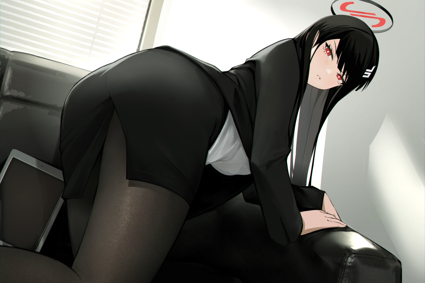 1girl black_hair black_jacket black_pantyhose black_skirt blackcat_enjia blue_archive blush bright_pupils closed_mouth couch halo hashtag-only_commentary highres indoors jacket long_hair looking_at_viewer office_lady on_couch open_clothes open_jacket pantyhose pencil_skirt red_eyes rio_(blue_archive) side_slit skirt solo suggestive_fluid tablet_pc