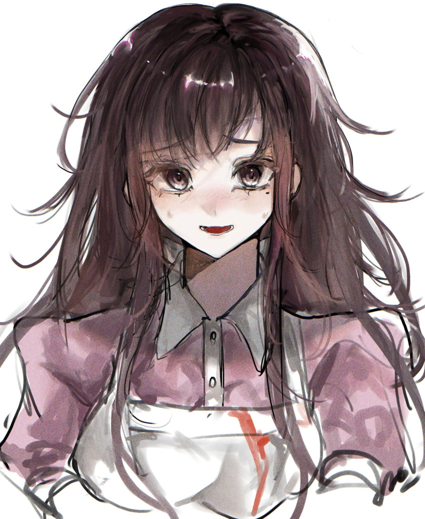 1girl :d apron blush breasts brown_hair collared_shirt danganronpa_(series) danganronpa_2:_goodbye_despair dress_shirt grey_apron highres large_breasts long_hair lower_teeth_only mole mole_under_eye pi_no_(qqy6xxf8zxmbvyy) pink_eyes pink_shirt shirt smile solo teeth tsumiki_mikan upper_body