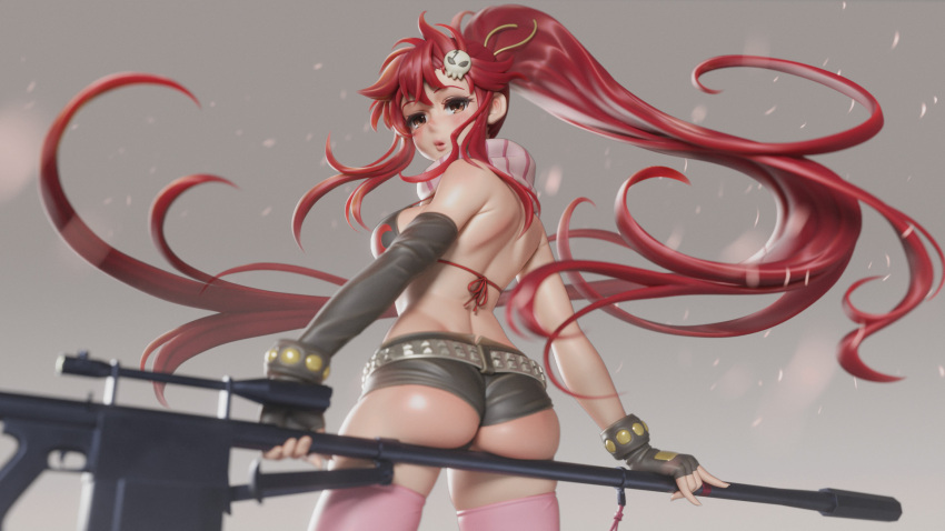 1girl 3d anti-materiel_rifle ass back belt bikini bikini_top_only breasts english_commentary flame_print from_behind gun hair_ornament highres lips long_hair looking_at_viewer no_shirt pink_thighhighs ponytail red_hair rifle scarf skull_hair_ornament sniper_rifle solo striped_clothes striped_scarf studded_belt studded_bracelet swimsuit tengen_toppa_gurren_lagann thighhighs ucupumar very_long_hair weapon yoko_littner