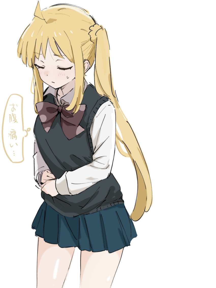 1girl absurdres ahoge black_bow black_bowtie black_skirt black_vest blonde_hair blush bocchi_the_rock! bow bowtie closed_eyes closed_mouth commentary_request cowboy_shot detached_ahoge hand_on_own_stomach highres ijichi_nijika long_hair long_sleeves pleated_skirt polka_dot_bowtie school_uniform shimokitazawa_high_school_uniform side_ponytail simple_background skirt solo speech_bubble sweat translation_request ukitaryu vest white_background