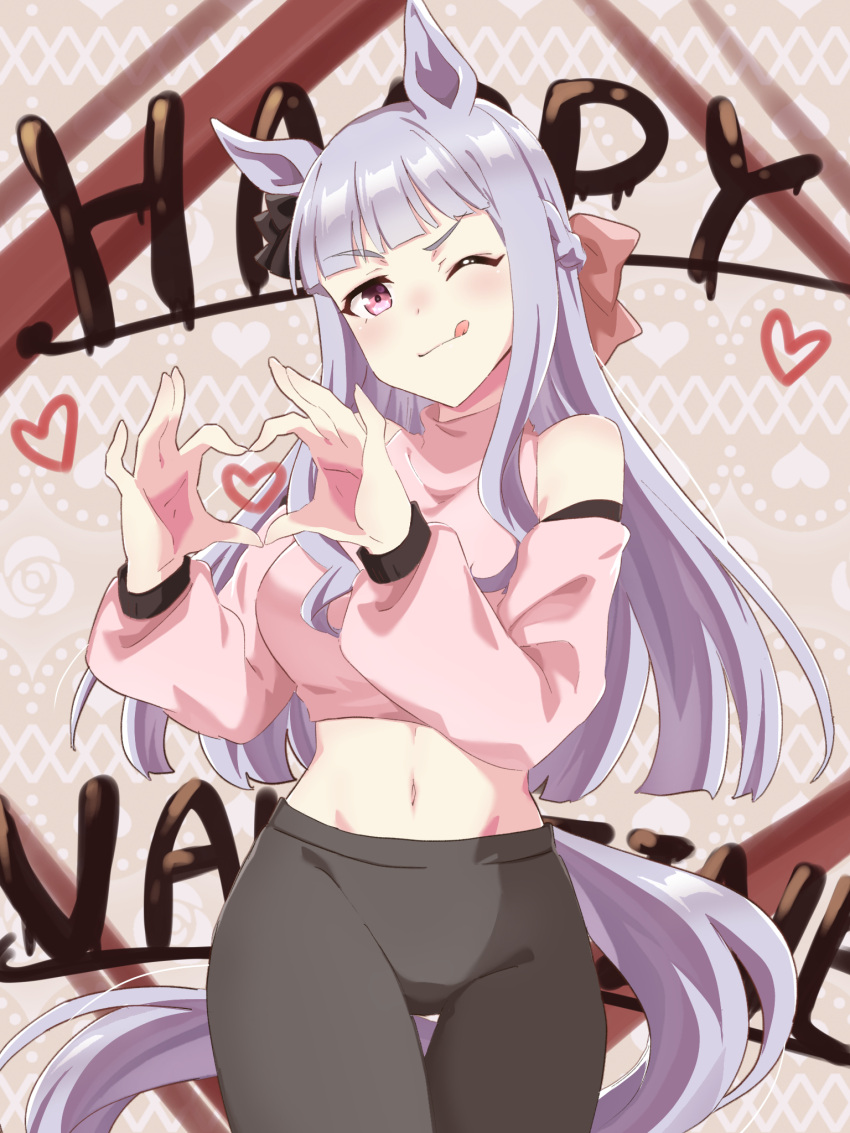 1girl :d animal_ears bare_shoulders black_pants blunt_bangs crop_top detached_sleeves gold_ship_(umamusume) grey_hair happy_valentine highres horse_ears horse_girl long_hair looking_at_viewer midriff navel nk-43g pants purple_eyes smile solo umamusume