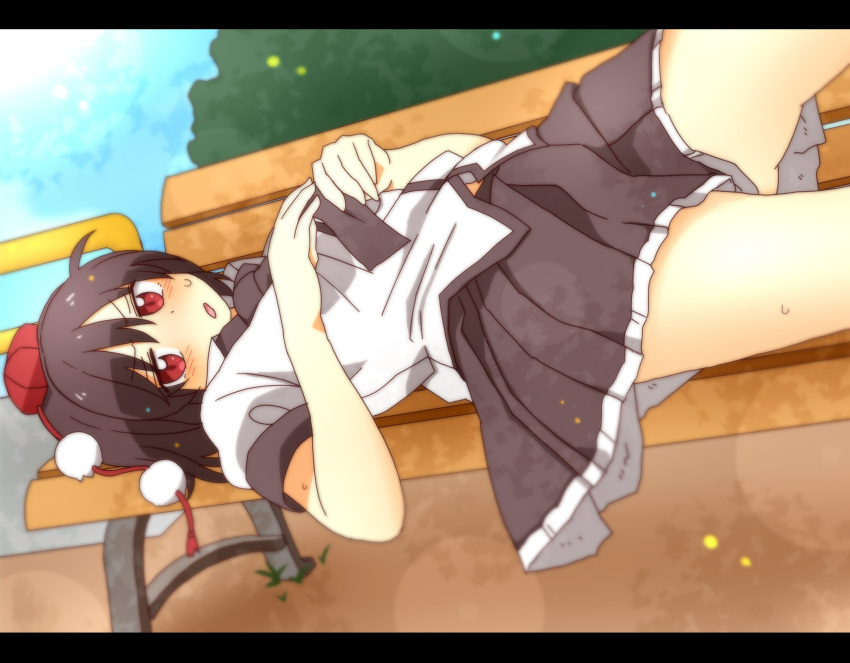 1girl black_hair black_skirt bush day frilled_skirt frills hat highres lying midriff_peek on_back on_bench outdoors parted_lips pom_pom_(clothes) puffy_short_sleeves puffy_sleeves red_eyes red_hat shameimaru_aya shirt short_hair short_sleeves skirt solo tengu thighs tokin_hat totoharu_(kujirai_minato) touhou white_shirt