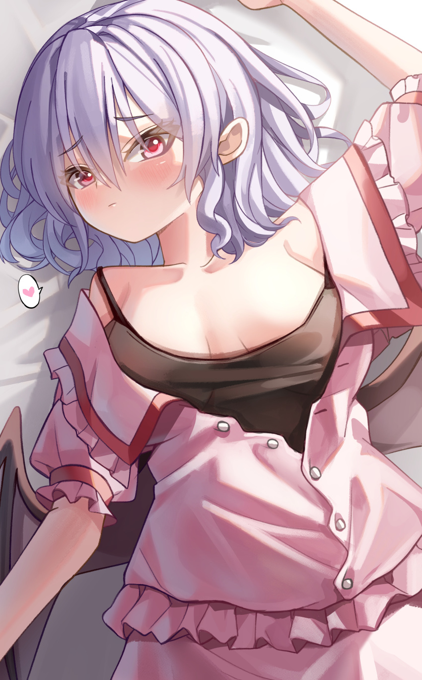 1girl absurdres black_camisole blush breasts camisole clothes_pull curly_hair demon_wings embarrassed facing_to_the_side frilled_shirt frills frown hair_between_eyes heart highres looking_at_viewer looking_up lying mahoro_(minase_mahoro) medium_breasts medium_hair nervous on_back on_bed pink_shirt pink_skirt purple_hair red_eyes remilia_scarlet see-through shirt shirt_pull short_sleeves skirt solo spaghetti_strap spoken_heart touhou upper_body vampire wings