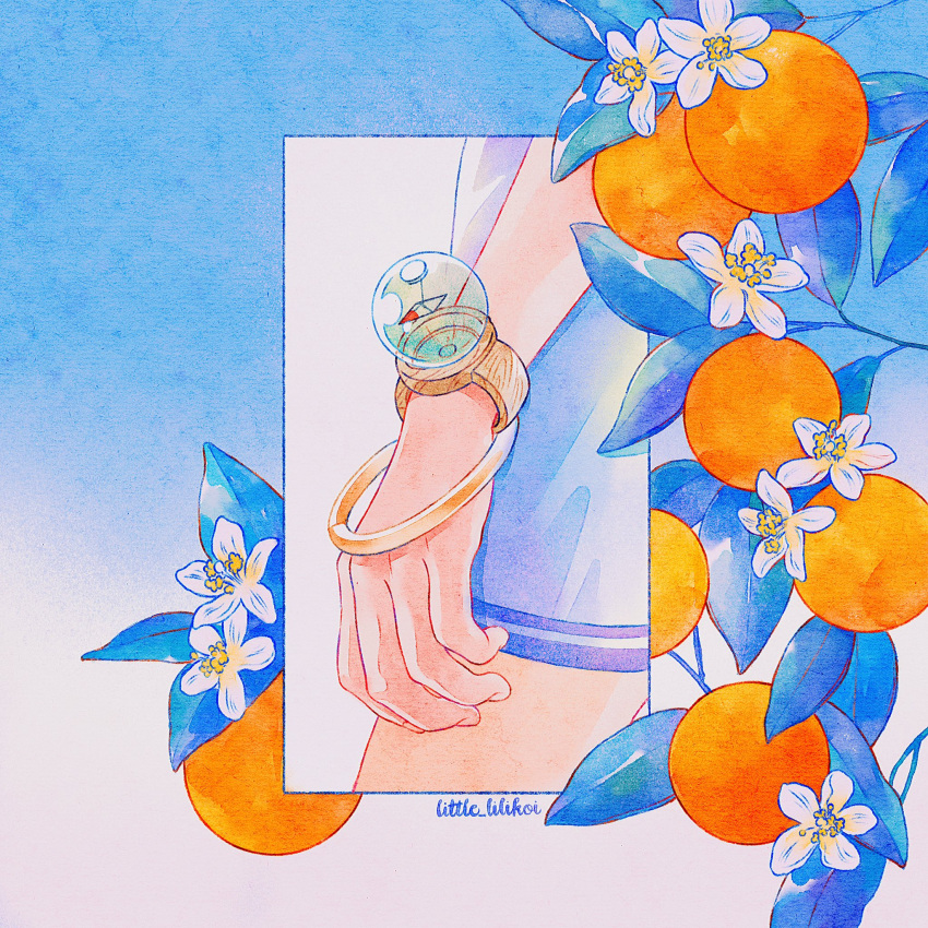 1girl arm_at_side blue_background blue_theme border bracelet close-up commentary compass english_commentary flower food fruit glasses hand_focus highres jewelry little_lilikoi miniskirt nami_(one_piece) one_piece out_of_frame plant skirt solo twitter_username white_flower