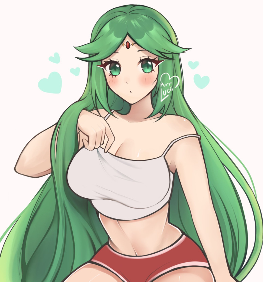 1girl alternate_costume bare_arms bare_shoulders blush breasts camisole cleavage commentary crop_top green_eyes green_hair grey_background heart highres kid_icarus large_breasts long_hair looking_at_viewer midriff navel palutena purrlucii red_shorts short_shorts shorts simple_background solo spaghetti_strap stomach strap_slip very_long_hair