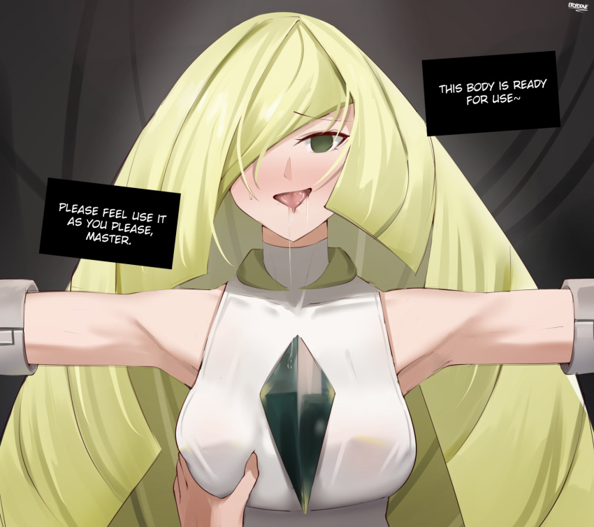 1girl 1other bare_shoulders blonde_hair breasts empty_eyes english_text eroborne green_eyes hair_over_one_eye hand_on_another's_chest highres hypnosis long_hair lusamine_(pokemon) mind_control pokemon pokemon_sm saliva swept_bangs upper_body