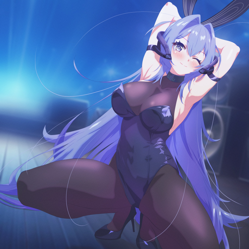 1girl absurdly_long_hair animal_ears arbiter1 arm_strap armpits arms_behind_head arms_up azur_lane blue_hair blue_leotard bodystocking breasts cleavage fake_animal_ears full_body hair_intakes high_heels highres leotard long_hair looking_at_viewer new_jersey_(azur_lane) new_jersey_(exhilarating_steps!)_(azur_lane) official_alternate_costume one_eye_closed oversized_breast_cup playboy_bunny rabbit_ears see-through see-through_cleavage smile squatting stage_lights strapless strapless_leotard very_long_hair