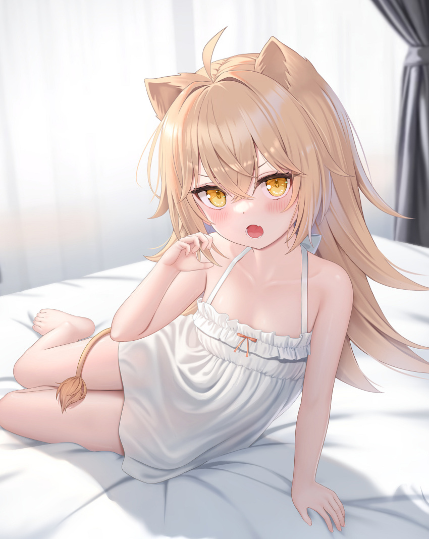 1girl :o ahoge animal_ears bare_legs barefoot blonde_hair blush breasts cementite claw_pose crossed_bangs dress hair_between_eyes highres indie_virtual_youtuber indoors lion_girl lion_tail long_hair looking_at_viewer on_bed rurudo_lion short_dress sleeveless sleeveless_dress small_breasts solo sundress tail virtual_youtuber white_dress yellow_eyes